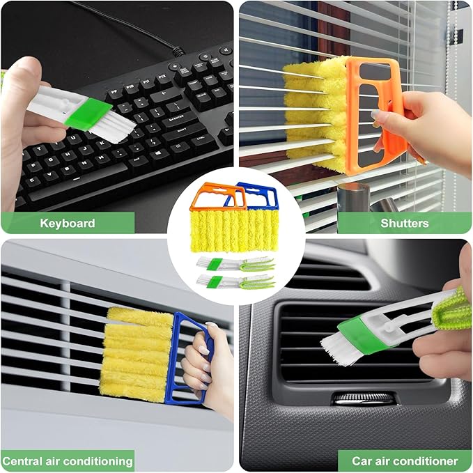 4Pcs Blind Cleaner Duster Tool Set with 7-Finger & 3-Finger Brushes，Washable Multi-Surface Dusting Kit for Wood Blinds, Venetian Blinds, AC Vents, Car Vents, Shutters & Fans (Yellow+Green)