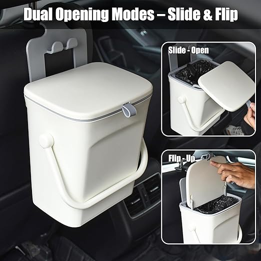 Leakproof Car Trash Can, Mini Hanging Garbage Can with Lid, Vehicle Trash Bin for Back Seat Car Garbage Bin for Sedans, SUVs, MPVs & Trucks (White)