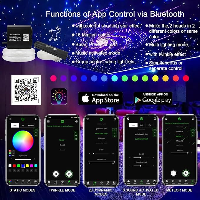 AKEPO 20W Twinkle Dual-Head Dual Color Fiber Optic Lights, Fiber Optic Colorful Meteor Light Kit Sound Activated APP/Remote Control for Car Starlights Headliner/Home 1000pcs 13.1ft/4m Fiber Strands