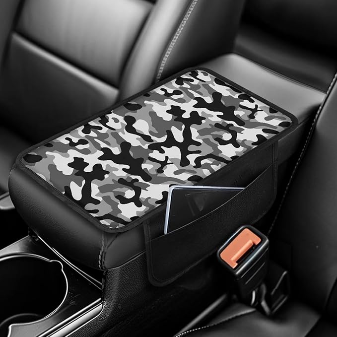 Black Gray Camo Pattern Car Center Console Cover Stretchy Vehicle Armrest Cushion Waterproof Car Armrest Storage Box Mat Universal for Most Vehicle SUV Truck Car
