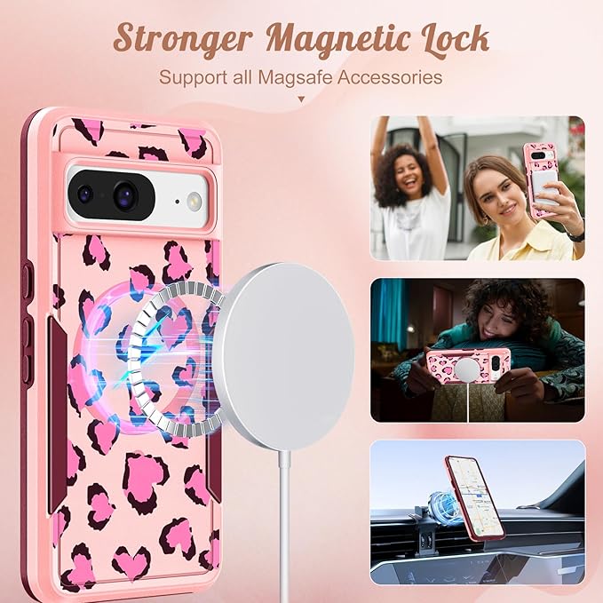 for Google Pixel 8 Case 6.2 Inch - Compatible with MagSafe Women Girls Cute Magnetic Protective Cover Funny Unique Girly Leopard Heavy Duty Shockproof Design for Google Pixel 8 Phone Cases