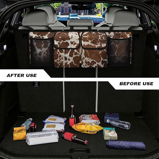 Brown Cow Print Car Trunk Organizer with 4 Storage Bags Hanging Waterproof Car Back Seat Organizer for SUV,Truck,Van Collapsible Cargo Bag