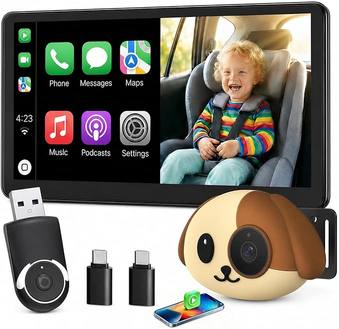 Cabin Care 1080P Baby Car Camera with Wireless CarPlay Adapter for iPhone Only, Real-Time Rear Seat Monitor, 150° Wide-Angle, IR Night Vision, Works with Factory Wired CarPlay (Dog)