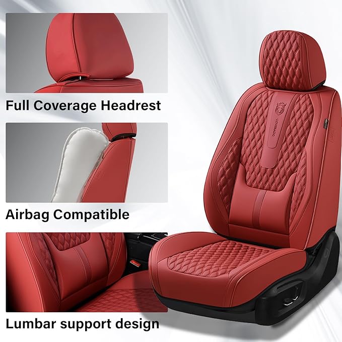 Coverado Car Seat Covers Front Seats, Luxury Faux Leather Red Seat Covers for Cars Waterproof Seat Covers with Lumbar Support, Car Seat Protector Universal Fit for Most Cars SUV Truck(Front, Red)