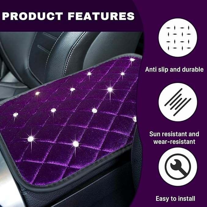 Bling Car Center Console Cover, Soft Fluffy Armrest Seat Box Cushion Pad, Crystal Diamond Arm Rest Protection Mat, Automotive Interior Decoration Accessories for Most Vehicles (Purple)