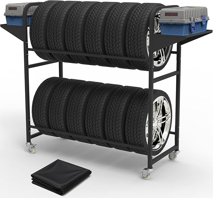 Tire Storage Rack 44" x 44" x 18" with Anti-Dust Cover, Rolling Adjustable Black Alloy Steel Tire Rack for Garage with 4 Swivel Casters & 2 Storage Shelves