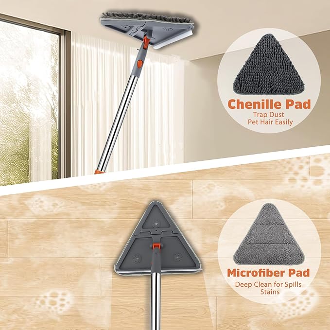 UIMO Wall Cleaner Mop with 94" Long Handle, 2-in-1 Triangle & Rectangle Head with Squeegee, 10 Washable Pads, Baseboard Cleaner Tool for Walls Scrubber, Ceilings, Windows, Glass, Fans, Doors, Corners