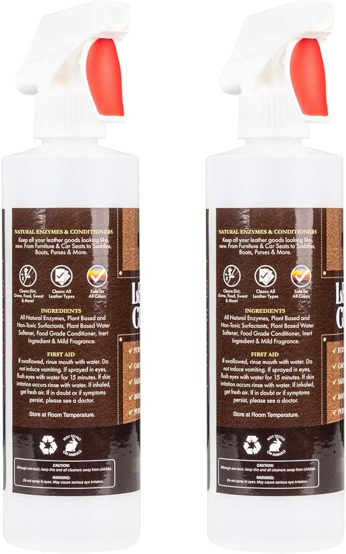 Amazing Leather Cleaner/Conditioner/Deodorizer | Powerful, Natural Enzyme Cleaner | USA Made | Great for Leather & Vinyl, Furniture, Boots, Purses, Clothing | Removes Stains Spray & Wipe (16oz 2 PK)