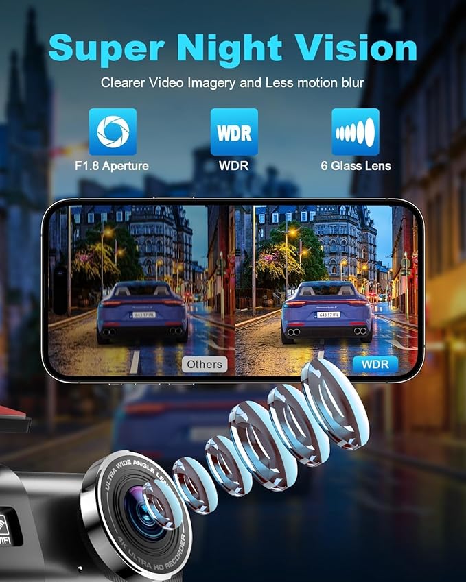 4K Dash Cam Front and Rear, Built-in WiFi, 170° Wide Angle, Night Vision, 24H Parking Monitor, G-Sensor, WDR, 1.47” IPS Screen, with 64GB SD Card (Supports 256GB Max) - Car Dash Camera with App