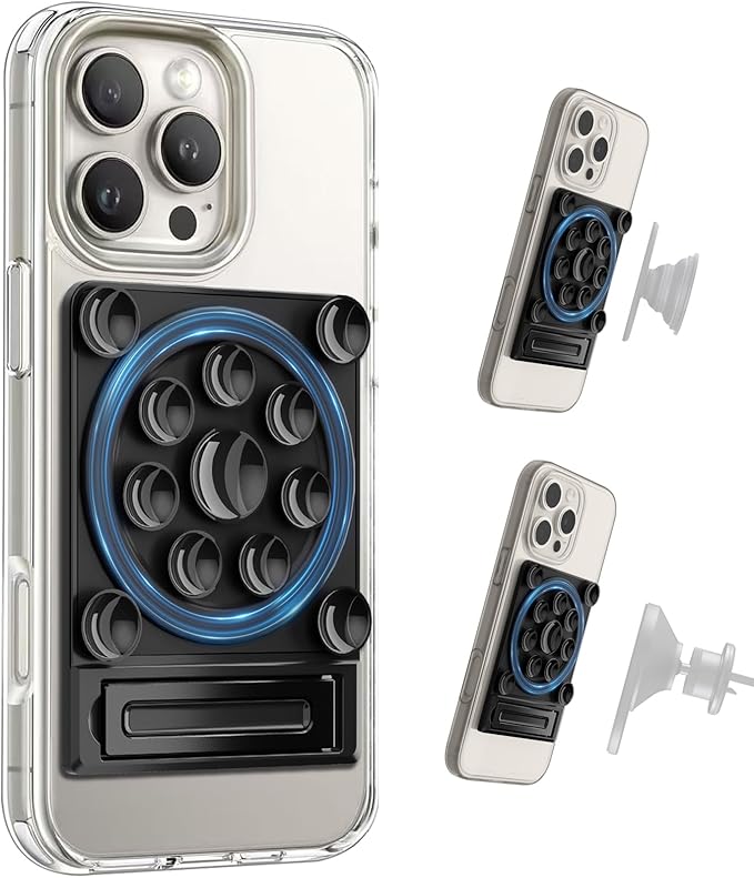 SEMBO Silicone Suction Phone Case Adhesive Sticky Grip Stand with Mag-Back for MagSafe Car/Wall Mounts, Strong Magnetic Holder for Fridge, Gym Equipment, Shower, Hands-Free Selfie (Black, Adhesive)