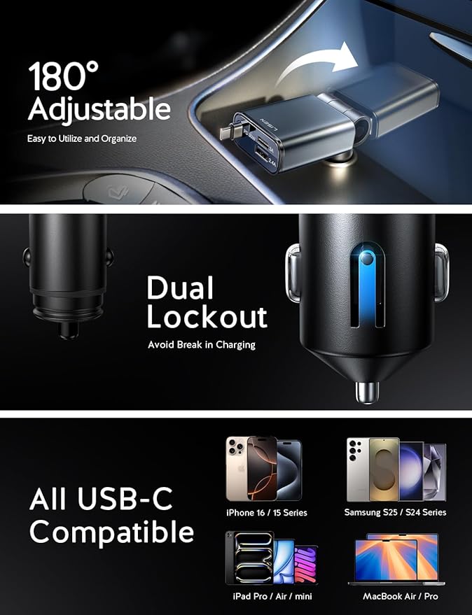 LISEN Retractable Car Charger USB C, [Upgraded 72W Max] Car Accessories for F150/Jeep Gadgets Gifts for Men Women, Valentine Gifts for Men Him Her Car Charger for iPhone/Android Truck RV Electronics
