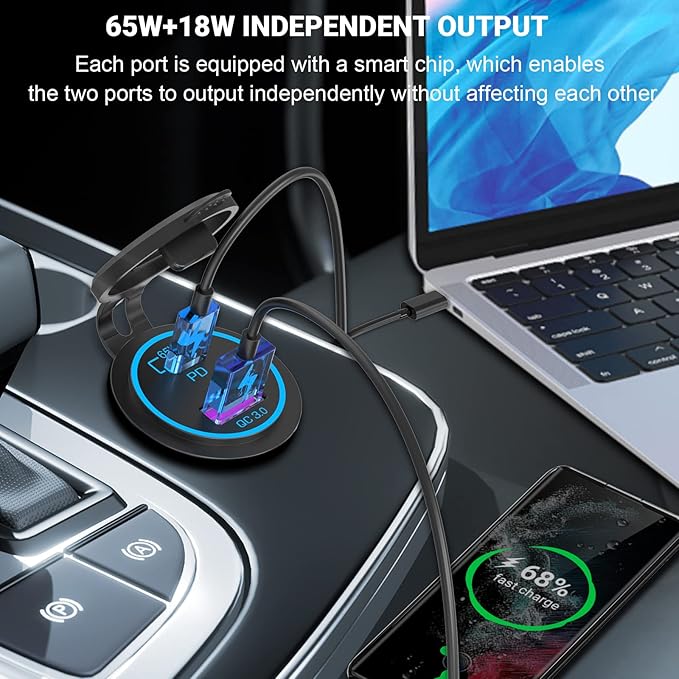 83W 12V USB Outlet Laptop Charger: 2 Pack 65W USB-C PD3.0 and 18W QC3.0 Multi Car Port 12V Socket Waterproof with Power Switch for Car Boat Marine Bus Truck Golf Cart RV Moto, etc.