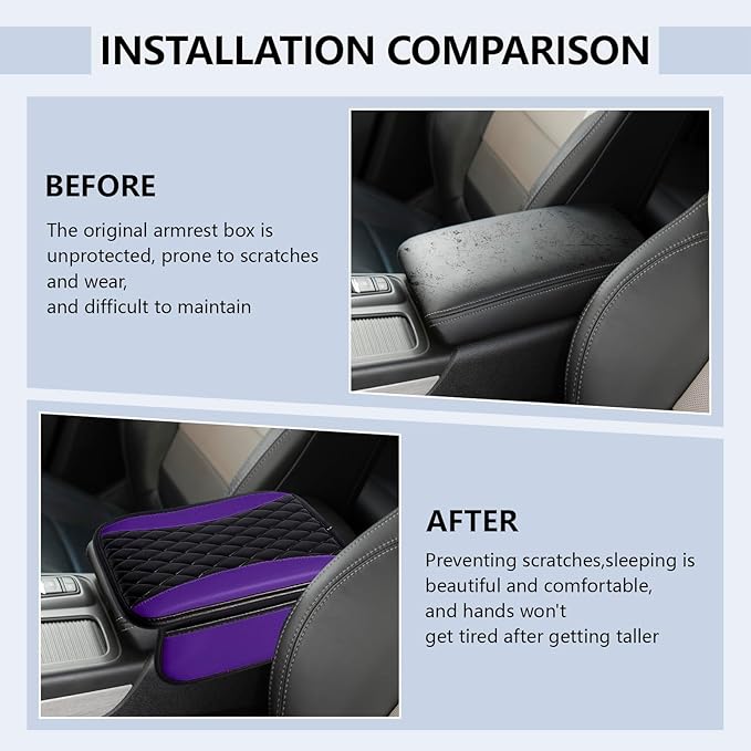 Leather Car Center Console Cover,Upgraded Center Console Cushion Pad with Side Pockets,Patchwork Arm Rest Cover for Car,Waterproof Armrest Seat Box Covers,Universal for Most Vehicles (Purple)