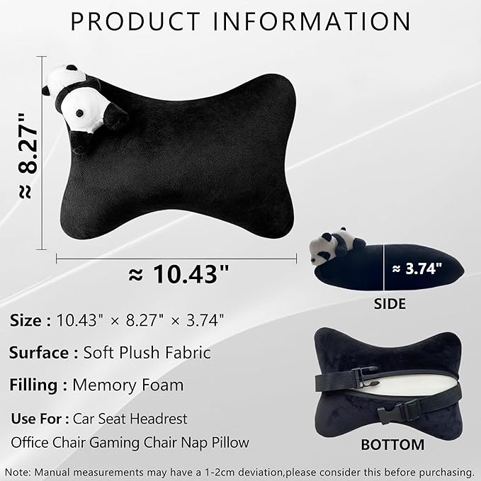 Car Headrest Pillow 2PCS Plush Bear ＆ Bunny Car Seat Headrest Pillow - Memory Foam Neck Support Cushions for Comfortable Driving, Easy Install & Washable (Black)