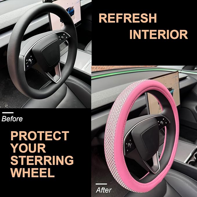 PINCTROT D Shaped Bling Comfy Steering Wheel Cover with Jumbo Crystal Rhinestones, Anti-Slip Diamond Leather, Flat Bottom 14.5-15 Inch (All Pink)