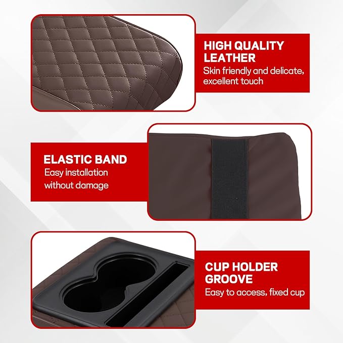 Car Center Console Armrest Pillow, 13.19"×7.87" Leather Car Arm Rest Cover, Memory Foam Auto Armrest Cushion with Cup Holder Phone Slot, Universal Vehicle Middle Console Cushion Pad (Coffee)