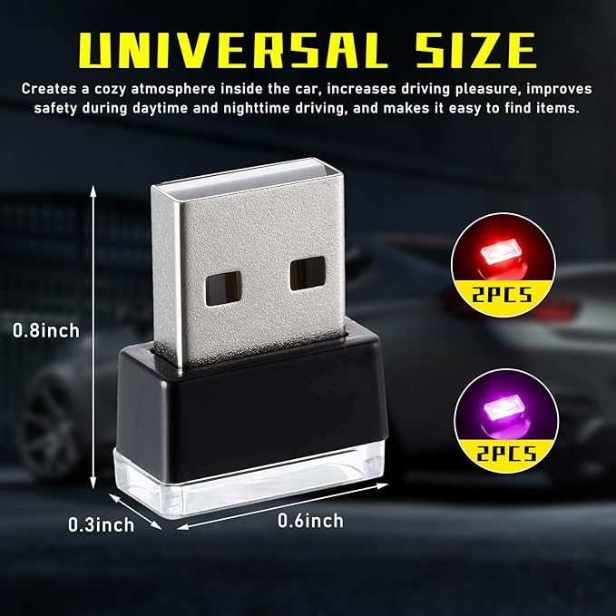 Augeny 4 PCS USB LED Car Interior Atmosphere Lamp, Plug-in USB Decor Night Light, Portable Auto Ambient Lighting Kit, Universal Vehicle Interior Accessories for Most Cars (2 Red+2 Purple)