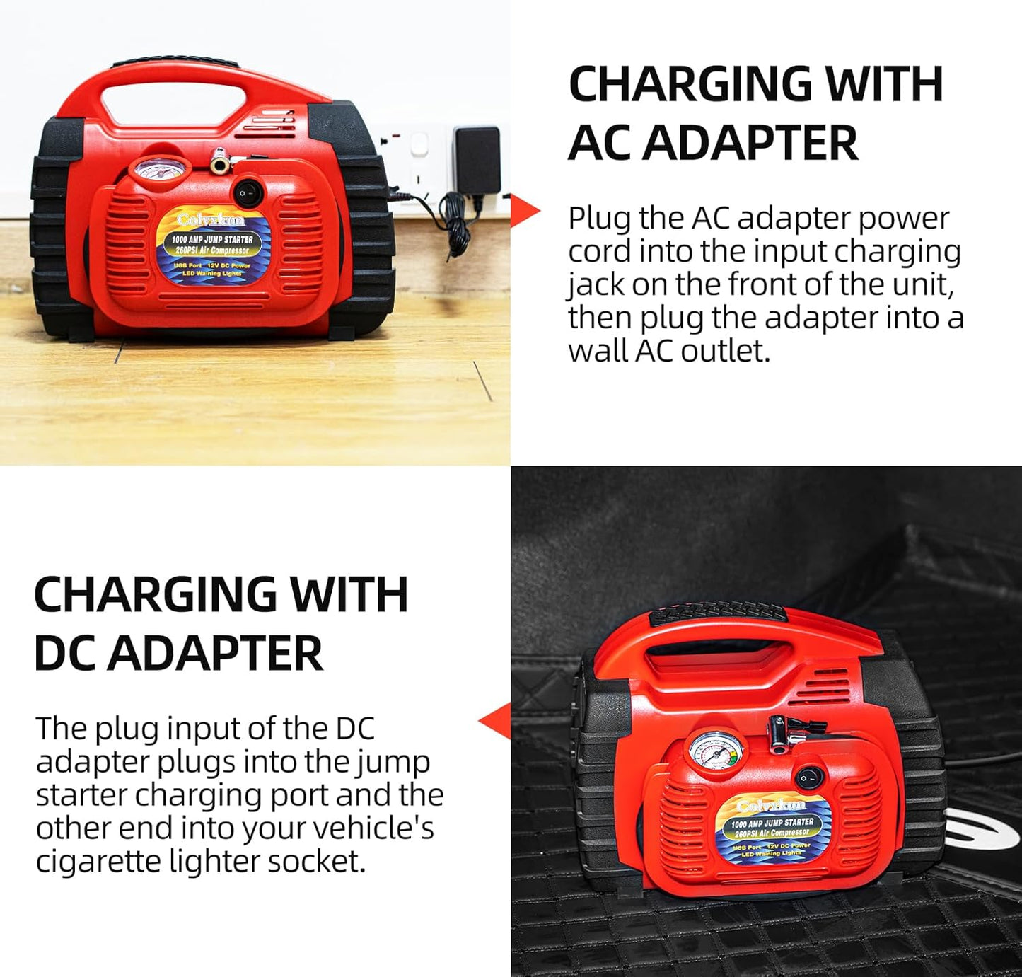 Jump Starter with Air Compressor, 260PSI 1000A Car Battery Jump Starter Battery Pack (6.0 Gas/6.0L Diesel),12V Car Jumper Starter Portable Jump Box with Tire Inflator