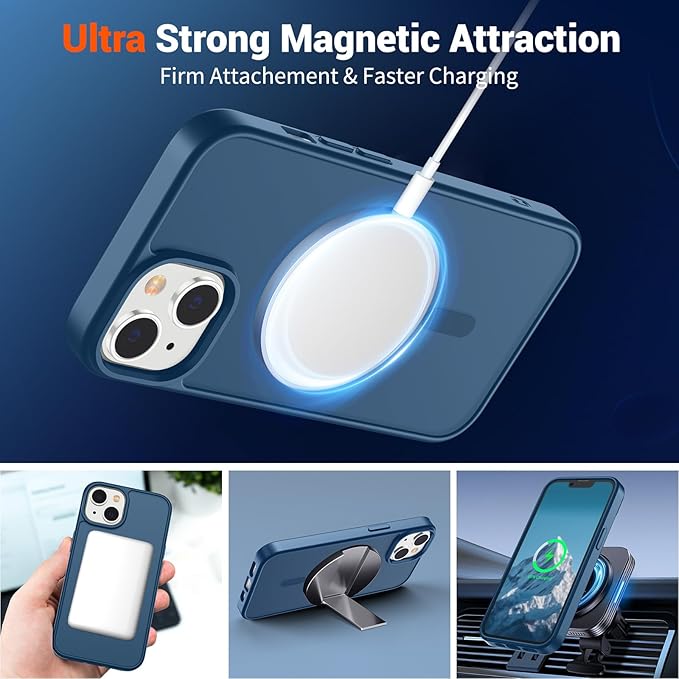 SUPFINE Magnetic for iPhone 14 Case & iPhone 13 Case with Screen Protector (Compatible with MagSafe) (Military Grade Drop Protection) Translucent Matte Shockproof Phone Cover,Deep Blue