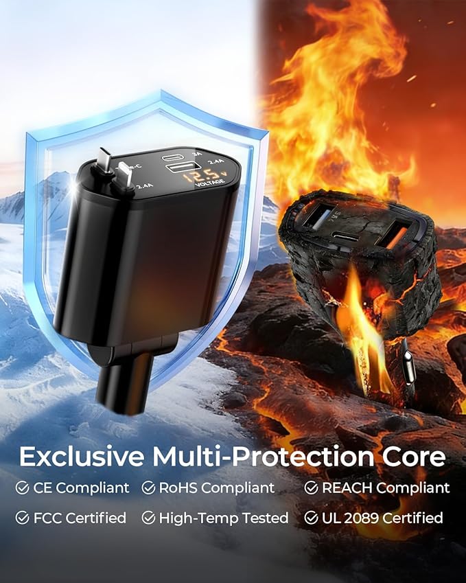 2026 MimAuto 4 in 1 Retractable Car Charger, Car Charger USB C Fast Charger, Car Phone Charger for iPhone 17/16/15/14/13, Samsungs, Tablets, Dash cams. Black Car Accessories for Men Women
