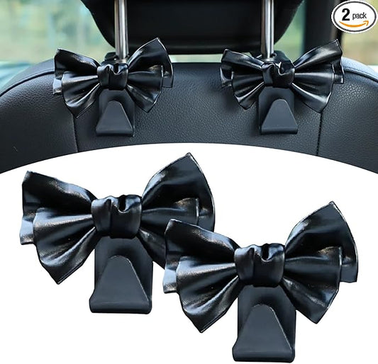 2 Pack Car Seat Headrest Hooks, Cute Bow Design Backseat Hook Storage Organizer for Purses, Handbags, Coats, Umbrellas, Cute Car Accessories for Women and Girls (Black Leather)
