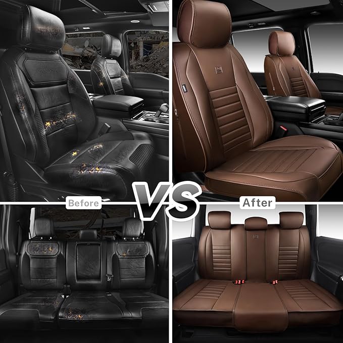 CAR PASS Nappa Leather Car Seat Covers Full Set, Luxury Seat Protector for Cars, Waterproof Anti-Slip Seat Cushion Armrest Compatible Airbag Universal for Sedan SUV Pick-up Truck Auto,Brown