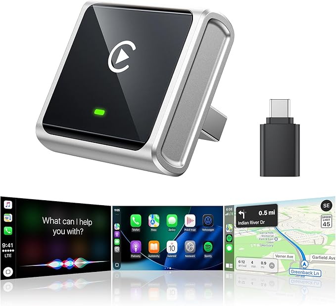 Houflody Wireless CarPlay Adapter for Apple iPhone iOS 10+, (2026 Upgrade) Mini Aluminium CarPlay Adapter Converts Wired to Wireless, Plug & Play, Auto Connect Fast and Stable, with USB-C, Silver