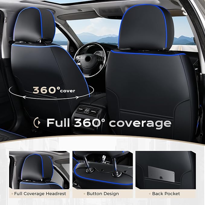 Coverado Front Car Seat Covers, Non-Slip Dust-Proof Nappa Leather, Universal Fit for Cars & Pickup Trucks, Waterproof Car Seat Protectors, Black & Blue Design for Sedans & SUVs