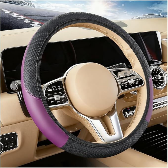 Car Steering Wheel Cover, Elastic Stretch Leather Non-Slip Vehicle Steering Wheel Guard, Automotive Interior Protective Decor Accessories, Universal for SUV RV Truck (Black/Purple)
