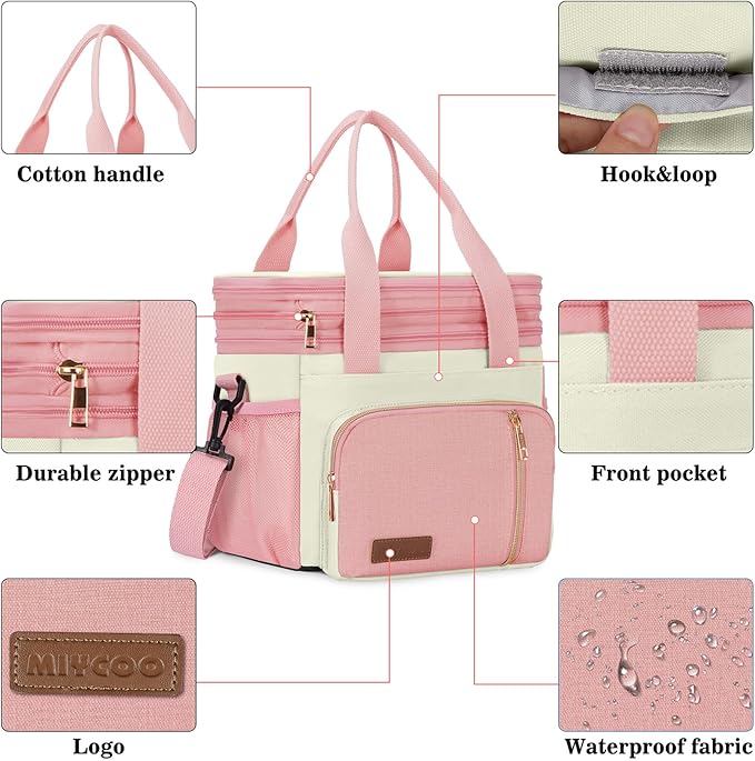 MIYCOO Lunch Bag & Lunch Box for Women Men, Double Deck Leakproof Insulated Soft Large Adult Camping Cooler bag for Work, Beach, Picnic, Travel (Pink White, 15L)