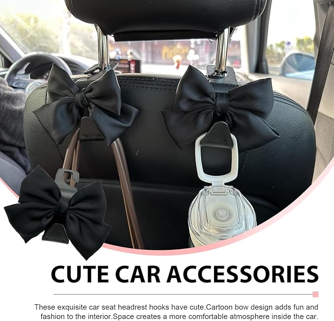 2PCS Car Seat Headrest Hooks, Cute Bow Purse Hook for Car, Vehicle Rear Seat Storage Hooks Hanger for Bag, Umbrellas, Purses, Universal Auto Interior Decorating Accessories (Satin-Black)
