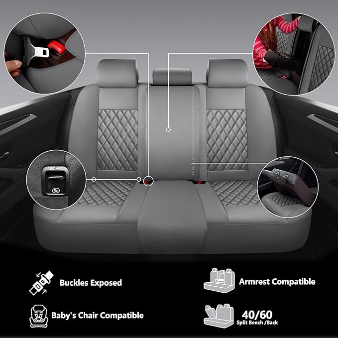 Car Seat Covers Full Set,Universal Fit for Cars,SUVs,Trucks,and Sedans with 5 Seats,Faux Leather Car Seat Cushion Compatible with Airbags,Waterproof Car Seat Protector,Grey