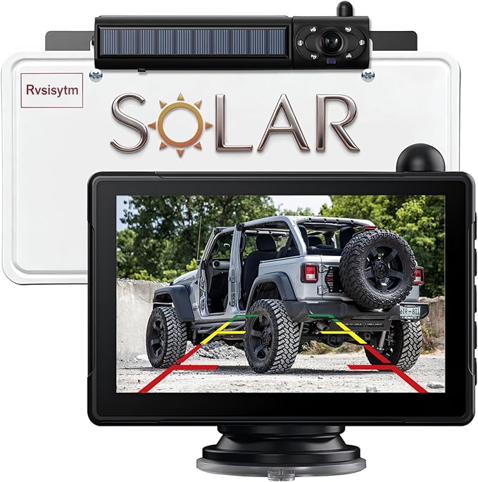 1080P Solar Wireless Backup Camera with 5in Monitor, 5000mAh Rechargeable Battery and Solar Panel, IP69K Waterproof, IR Night Vision, Support 2 Cameras, for Car, RV, Trailer, Camper (0092)