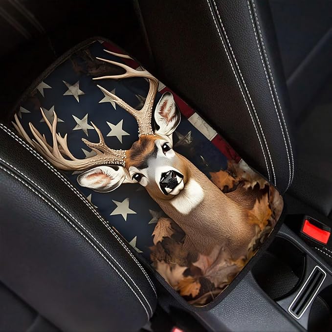 Suobstales Deer American Flag Leaves Print Car Armrest Pad Soft Center Console Arm Rest Protector Cover Universal Car Interior Accessories Decoration