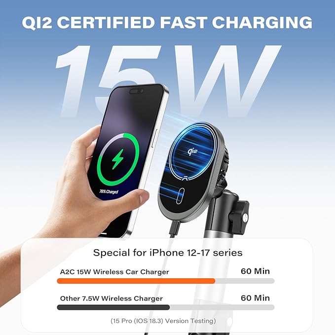 A2C for Magsafe Car Mount Charger, QI2 15W Wireless Fast Charging Cup Holder Phone Charger - Dual Cooling System, Aluminum Alloy Tri-Pivot Arm, 18 N54 Strong Magnets for iPhone 17/16/15/14/13/12 Only