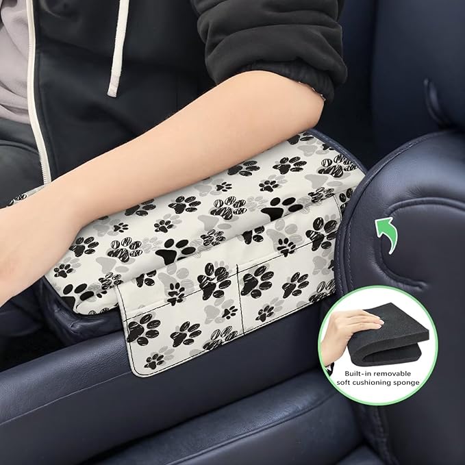 Dreaweet Cute Center Console Cover Black Dog Paw Print Car Arm Rest Cover Pad with Pockets Soft Comfy Thick Armrest Cover Universal Fit Auto Accessories Interior for Women