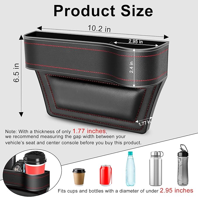 Car Seat Gap Filler Organizer, 2 Pack Multifunctional Car Seat Organizer, Auto Console Side Storage Box with Cup Holders 2 Seat Hooks for Drink, Car Organizer Front Seat for Holding Phone, Sunglasses
