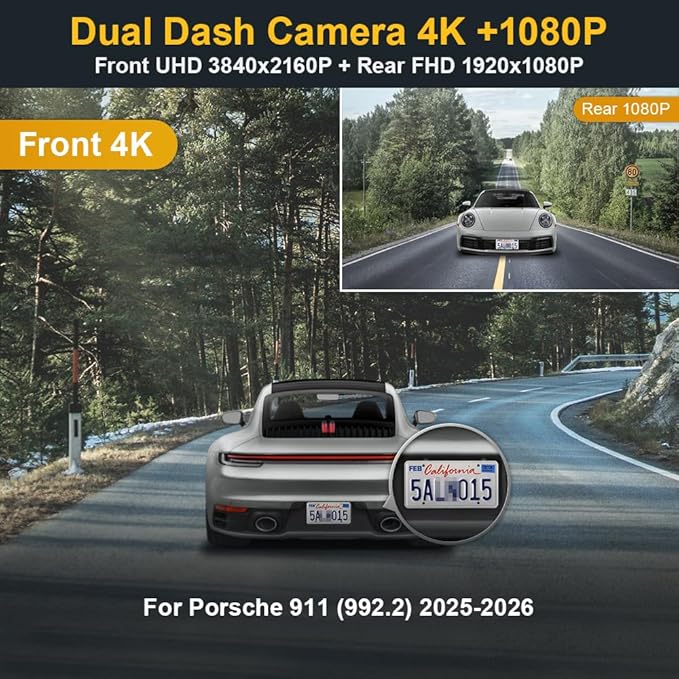 Fitcamx Front 4K+Rear 1080P Dash Cam Adapts for Porsche 911 2025-2026 & 911 GT3 RS & Turbo S (992.5), OEM Look, Dual HD Video, WiFi & APP, Loop Recording, Parking Sensor, Easy to Use, 128GB Card