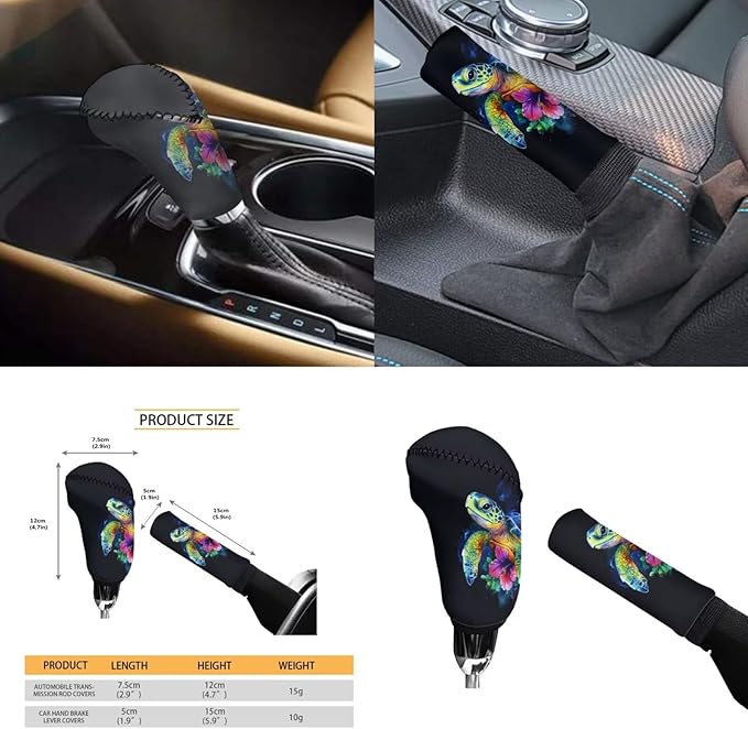 Sea Turtle Print Car Steering Wheel Cover Set for Men Women Colorful Turtle Cars Interior Decor Handbrake Cover Cup Coaster Fit for SUV Truck Vans