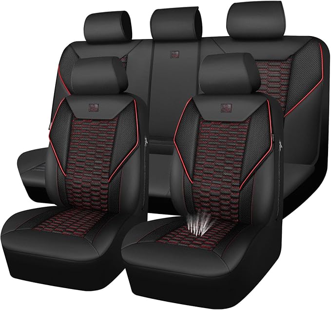 CAR PASS 3D Foam Mesh Leather Car Seat Covers Full Set,Breathable Mesh Faux Leather Seat Covers for Car,Universal Fit for SUV Truck Sedan Automotive, Armrest Airbag Compatible,Black and Red