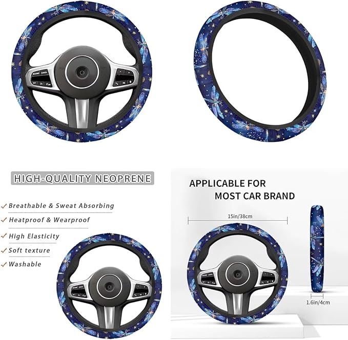 Blue Dragonfly Print 6pcs Car Steering Wheel Cover Set for Men Women Auto Interior Accessories Cup Holder Armrest Pad Seatbelt Cushion Fit for SUV Truck Vans