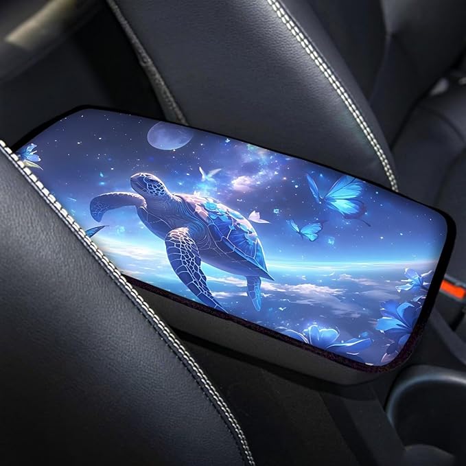 Butterfly Moon Sea Turtle Soft Armrest Seat Box Cover Car Armrest Cushion Car Decor Protective Car Accessories Fit for Most Cars, Vehicles, SUVs