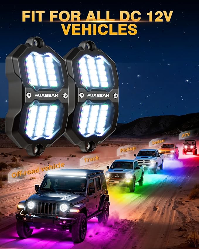 Auxbeam 4-Pod RGB LED Rock Lights with Brake Mode 213° Dual-Side Lighting Dynamic Color Changing Underglow Kit w/Bluetooth APP+Remote Control Music Voice Sync Waterproof for Truck ATV 1 Year Warranty