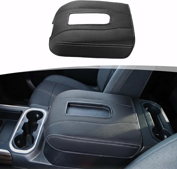 Center Console Armrest Cover for Chevy Chevrolet Silverado 1500/GMC Sierra 2019-2026, Yukon/Tahoe/Suburban 2021-2026, PU Leather Middle Console Lid Protector Cushion Thick Pad Black-Gray(Bucket Seat)