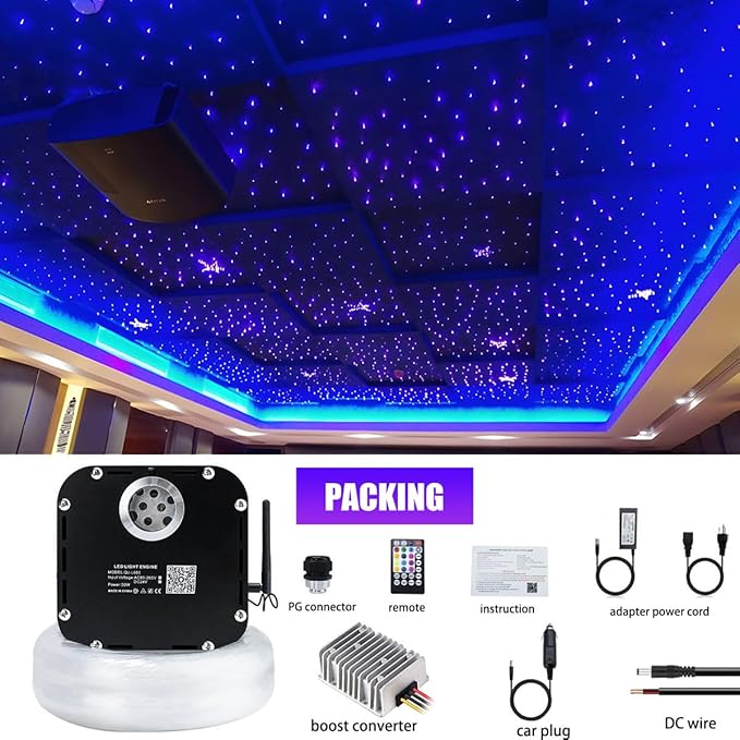 AZIMOM High Brightness 50W Twinkle Fiber Optic Starlight Kits 1200pcs*0.03in*16.4ft End Glow Fiber Strands Sound Activated Bluetooth/APP Remote Control Home Shop Lobby Theater Ceiling Roof Decor