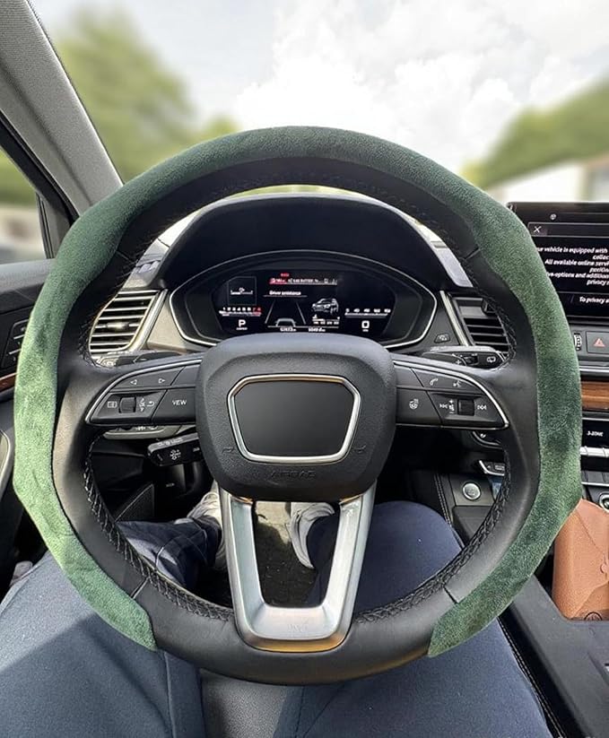 Quick Install Sporty Green Suede Steering Wheel Cover Universal fit Any 14 ½ to 15 inches Car SUV Pickup Steering Wheel