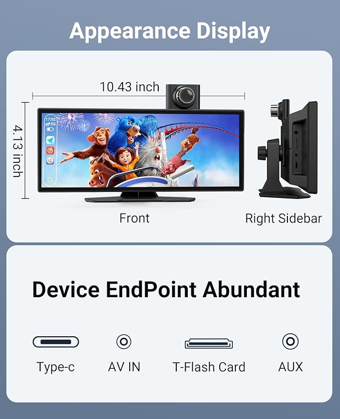 Wireless CarPlay and Android Auto 11.26-inch Touchscreen, 4K Dash Camera and 1080p Backup Camera, Universal Portable car Display, Equipped with 64G Memory Card