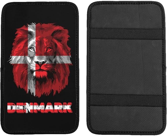 Vintage Denmark Danish Flag Lion Head Auto Center Console Armrest Cover Car Handrail Box Cushion Pad Mat Universal Fit Most Vehicle Sedan Truck SUV Soft Comfort Decor Accessories
