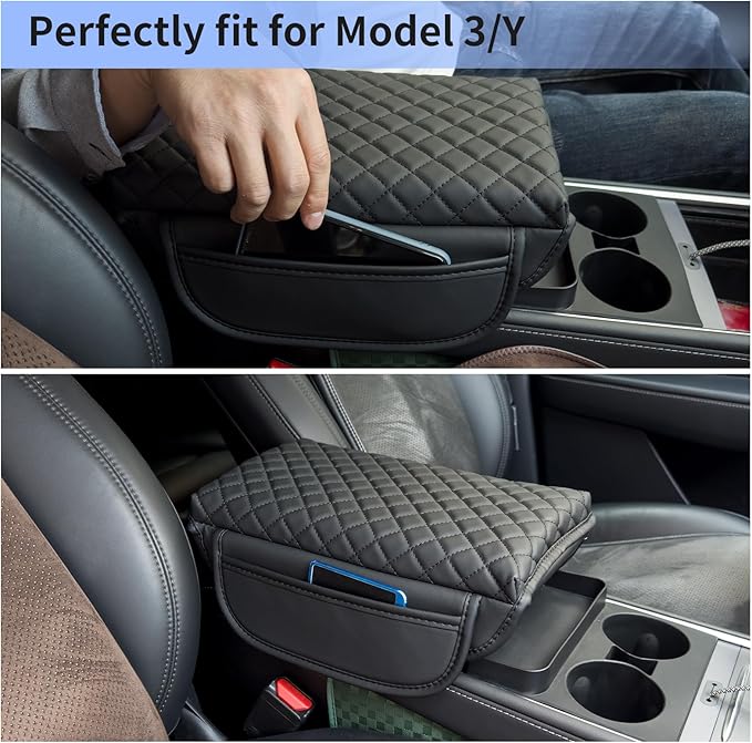 Center Console Cover for Tesla Model 3 2017-2022 2023 2024 or Model Y 2020-2022 2023 2024 Armrest Cover Cushion Pad PU Leather Armrest Seat Box Protector Accessories with Pockets Storage Bag (white)
