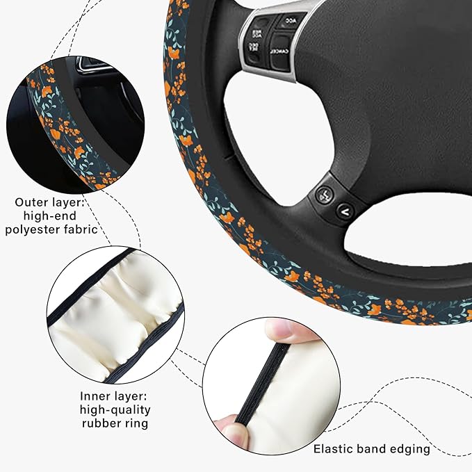 Orange Wildflowers Steering Wheel Cover, Cute Print Steering Wheel Cover Protector, Ultra Thin Breathable Non-Slip, Car Accessories for Women, for Steering Wheel with a Diameter of 14.5"-15"